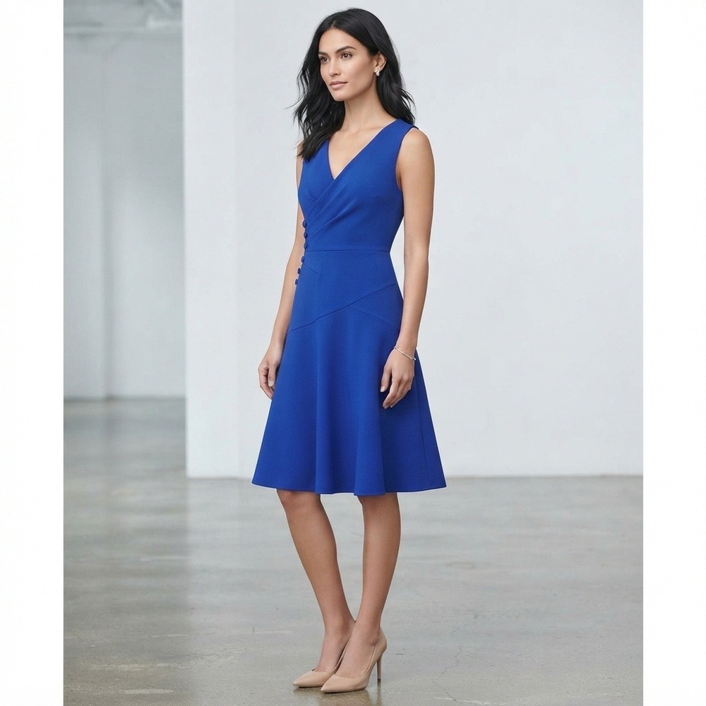 DKNY Royal Blue Sleeveless Fit Flare Dress V-Neck Faux Wrap Chic Career sz 10